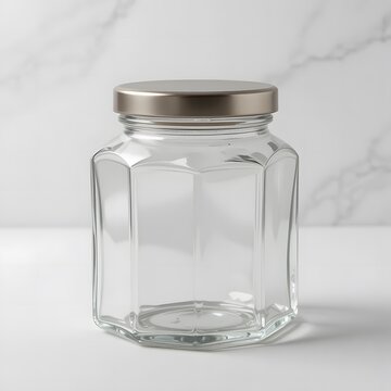 Elegant empty hexagonal glass jar with a sleek metallic lid on a clean white surface. hexagonal jar mockup
