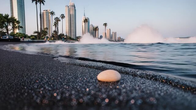 Coastal City Skyline with Waves at Shore