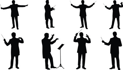 Orchestra conductor silhouette illustration, music leader, baton gesture, classical performance art, black vector design, musical direction, decorative graphic, symphony concept ©  Miller