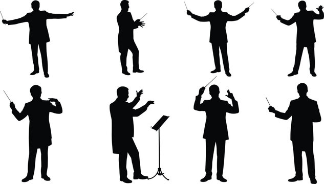 Orchestra conductor silhouette illustration, music leader, baton gesture, classical performance art, black vector design, musical direction, decorative graphic, symphony concept