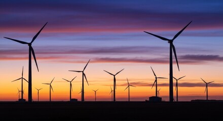 Silhouetted wind turbines at sunrise/sunset