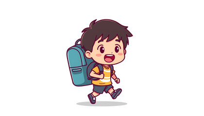 Fototapeta premium Happy cartoon boy with backpack running, isolated on white background, energetic and joyful