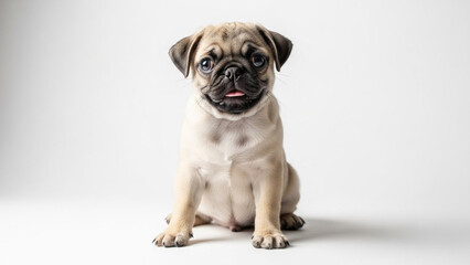 Adorable Pug puppy sitting with its tongue playfully sticking out against a simple white backdrop, conveying a fun-loving and cheerful personality.