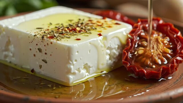 Pouring Olive Oil on Feta Cheese with Sun-Dried Tomatoes and Spices