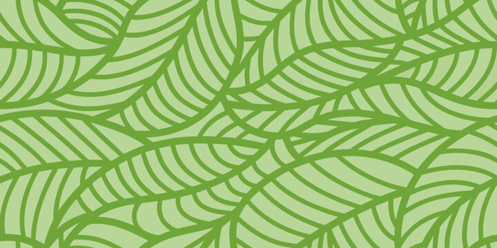 A seamless pattern of stylized green leaves in a repeating wave design