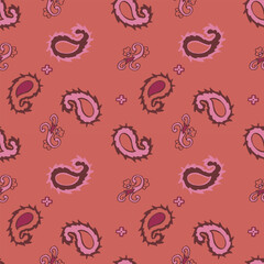 Bold paisley seamless pattern in pink and red tones for textile print for fabric, abstract ornamental design with modern boho twist