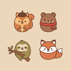 Obraz premium Cute Forest Animal Character Collection Kawaii Squirrel Bear Sloth and Fox Faces in Round Shape Design Isolated for Kids Graphic Decor