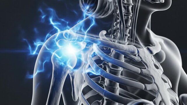 A digital illustration of a human skeleton with a glowing blue pain point on the shoulder