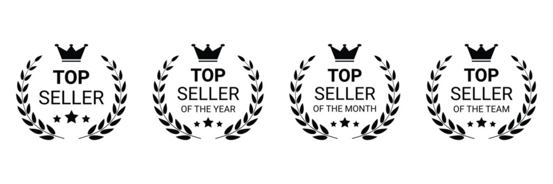 Four black top seller laurel wreath badges isolated on transparent background