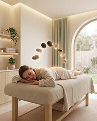 Serene woman enjoying relaxing spa treatment on massage table
