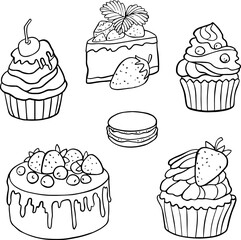 Pastry and dessert vector set with cakes and macarons