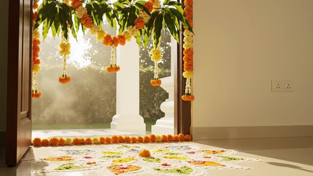 Decorated Doorway With Marigold And Jasmine Flower Garlands And Rangoli Design On Floor Bathed In Warm Sunlight