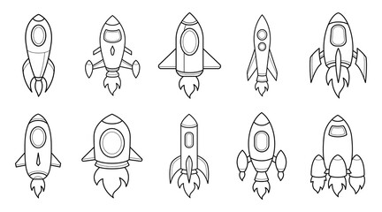 Ten cartoon line art rockets. Each black and white icon features a unique retro design with various fins, windows, and flame trails, set against a white background.