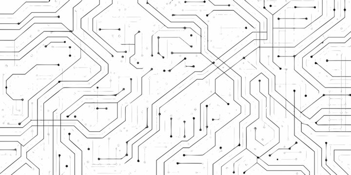 Intricate circuit board pattern with hexagonal and linear connections