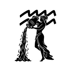 Silhouette of the Aquarius zodiac sign, water bearer astrology symbol, black vector shape on white background