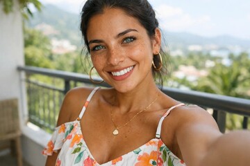 Casual Summer Balcony Selfie of South American Woman with Natural Glow and Freckles