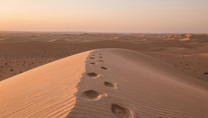 Golden Sand Dunes in Desert at Sunset with Footprints
