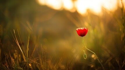 Obraz premium poppy. Close-up of a vibrant red poppy bathed in golden sunset light in a peaceful field. inspiring travel planning, gardening catalogs, designed for gardening and botanical catalogs.