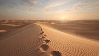 Golden Sand Dunes in Desert at Sunset with Footprints