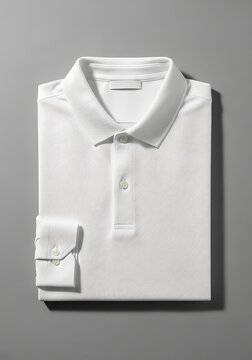 Cleanly presented white long sleeved knit collared polo shirt meticulously folded for upscale retail display against a dark gray studio background