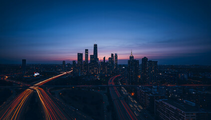 Modern City Skyline at Night with Light Trails