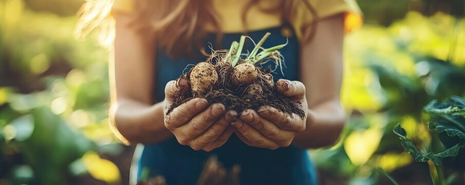 Freshly harvested potatoes in the garden.