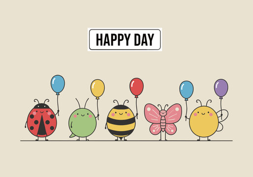 Happy day insects parade set with cute ladybug beetle bee butterfly and firefly holding colorful balloons in flat vector line art style