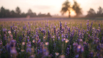 Blooming Lavender Meadow at Sunset with Soft Light