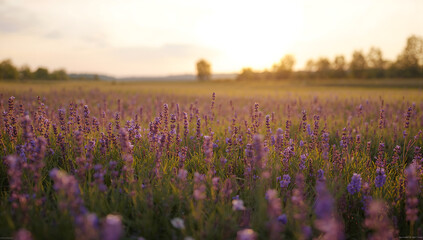 Blooming Lavender Meadow at Sunset with Soft Light