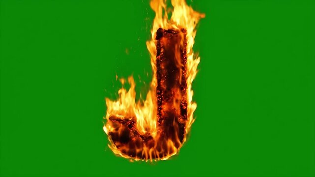 Spectacular burning capital letter J blazing in intense fiery flames isolated on a bright chroma key green screen background ready for visual effects projects