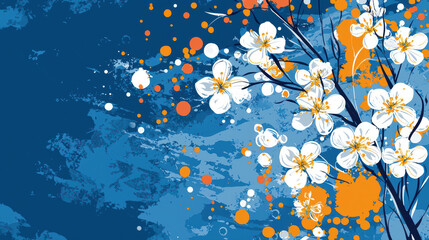 Abstract floral design with white blossom flowers and orange splatter accents on a textured blue background creates a stylish and vibrant artistic composition.