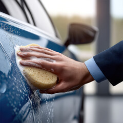 Hand sponge blue car soap cleaning washing male closeup water foam create fresh and detailed car wash scene
