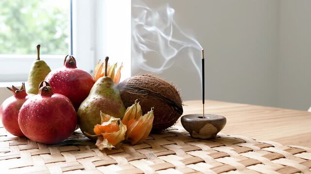 Still Life Composition Of Fresh Fruits Including Pomegranates Pears Coconut And Chinese Lantern Plant With Lit Incense Stick Producing Smoke On A Woven Mat With Natural Daylight Coming Through Window