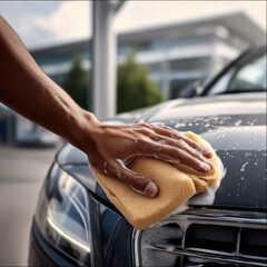 Hand cleaning car hood with yellow sponge, soap suds, shiny black vehicle, outdoor, sunny day, modern building background