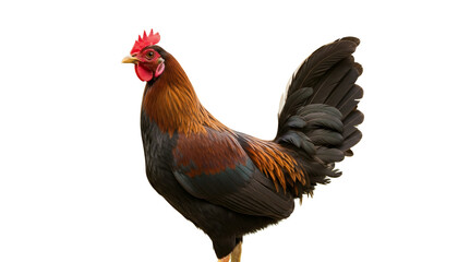 Fototapeta premium Vibrant and majestic rooster with colorful plumage standing proudly against a clean white background, an iconic symbol of domestic farm animals and rural life