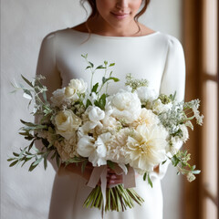 White flower bouquet bride wedding dress elegant romantic floral arrangement greenery natural light soft focus
