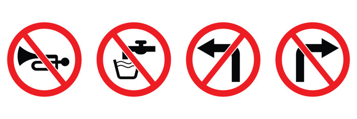 Four prohibition signs no horn no water no left turn no right isolated on transparent background © Moin