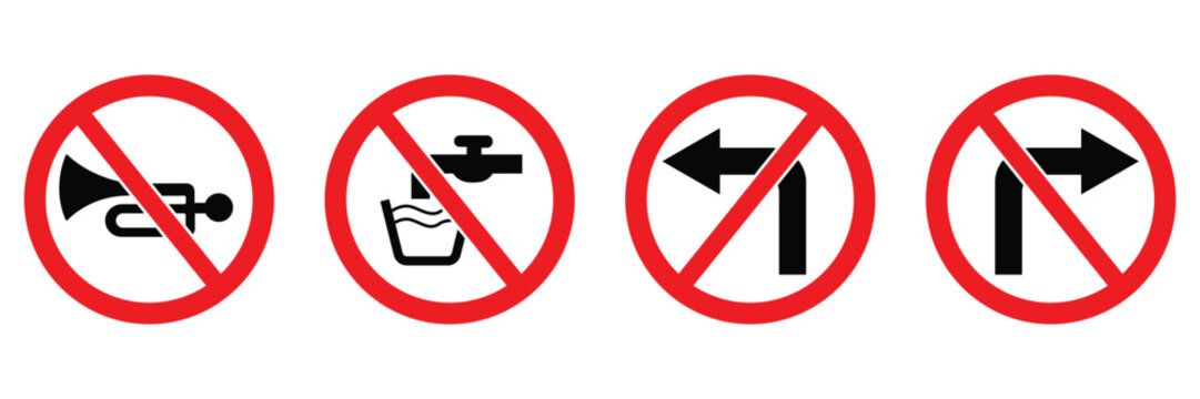 Four prohibition signs no horn no water no left turn no right isolated on transparent background
