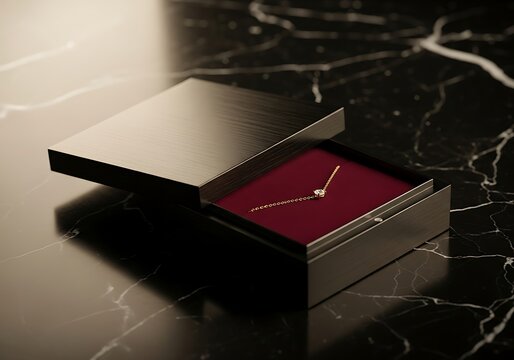Luxury square timepiece resting in an open dark presentation box on a polished marble surface suggesting sophisticated gifting or high end retail
