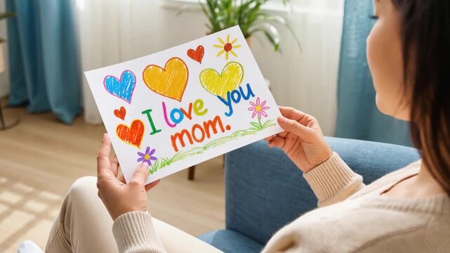 White woman holding handmade card with I love you mom inscription for Mother's Day sitting on couch - Mother's Day greeting and appreciation concept