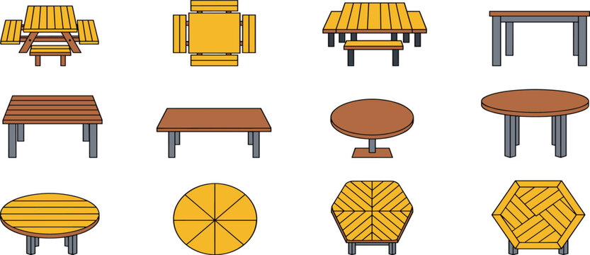 Collection of twelve different table designs including rectangular, circular, hexagonal, and octagonal shapes, arranged in grid layout for furniture, interior, and architectural design concepts