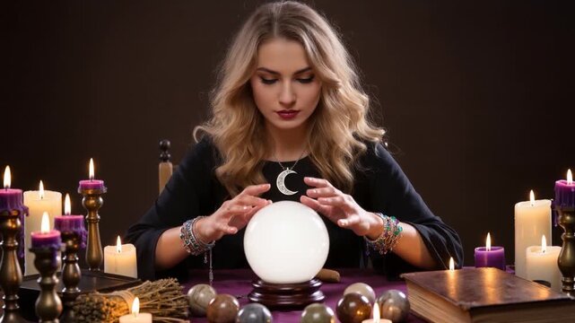 Young white woman fortune teller sitting at mystical table using crystal ball with candles and tarot cards - psychic clairvoyance and magical ritual concept