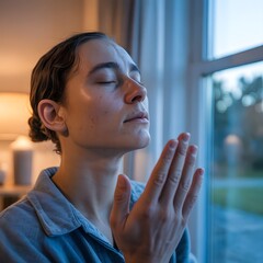 Serene Moment of Spiritual Reflection: A Young Woman in Deep Contemplation and Prayer by the Window at Dusk