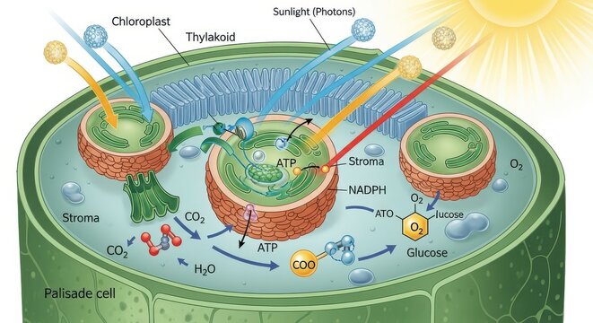 A highly detailed and educational diagram visually illustrates the complex process of photosynthesis within a palisade cell and chloroplast, clearly depicting the absorption of sunlight, the intake of