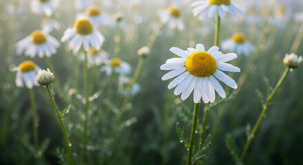 Close-up of a daisy with white petal and yellow center in a field, covered with water droplets, representing nature, freshness, and morning dew