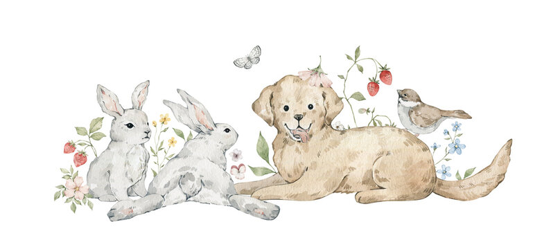Cute watercolor dog and rabbits with flowers, strawberries, bird, butterfly. 
