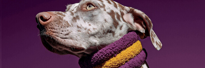 Obraz premium Dalmatian wearing a purple and yellow textured collar set against a rich violet background. A contemporary and color-harmonized pet portrait.