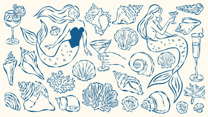 Mermaid and seashell vector illustration set, ink drawing sketch style. Hand drawn ocean art, vintage nautical line art, marine fantasy clipart, sea life vector graphics for print, web, branding.