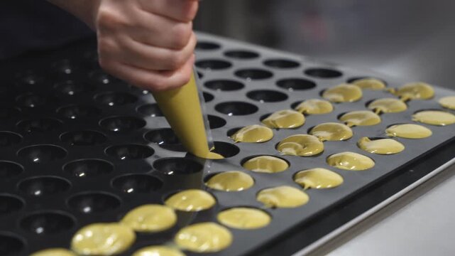 Pastry chef piping pistachio batter into silicone mold for cookies