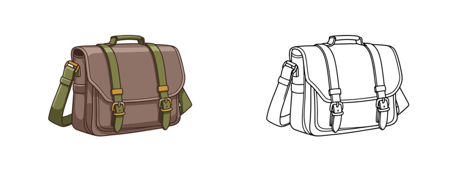 Messenger bag vector illustration in cartoon and outline style brown and green colors accessory for study work and travel isolated on white background